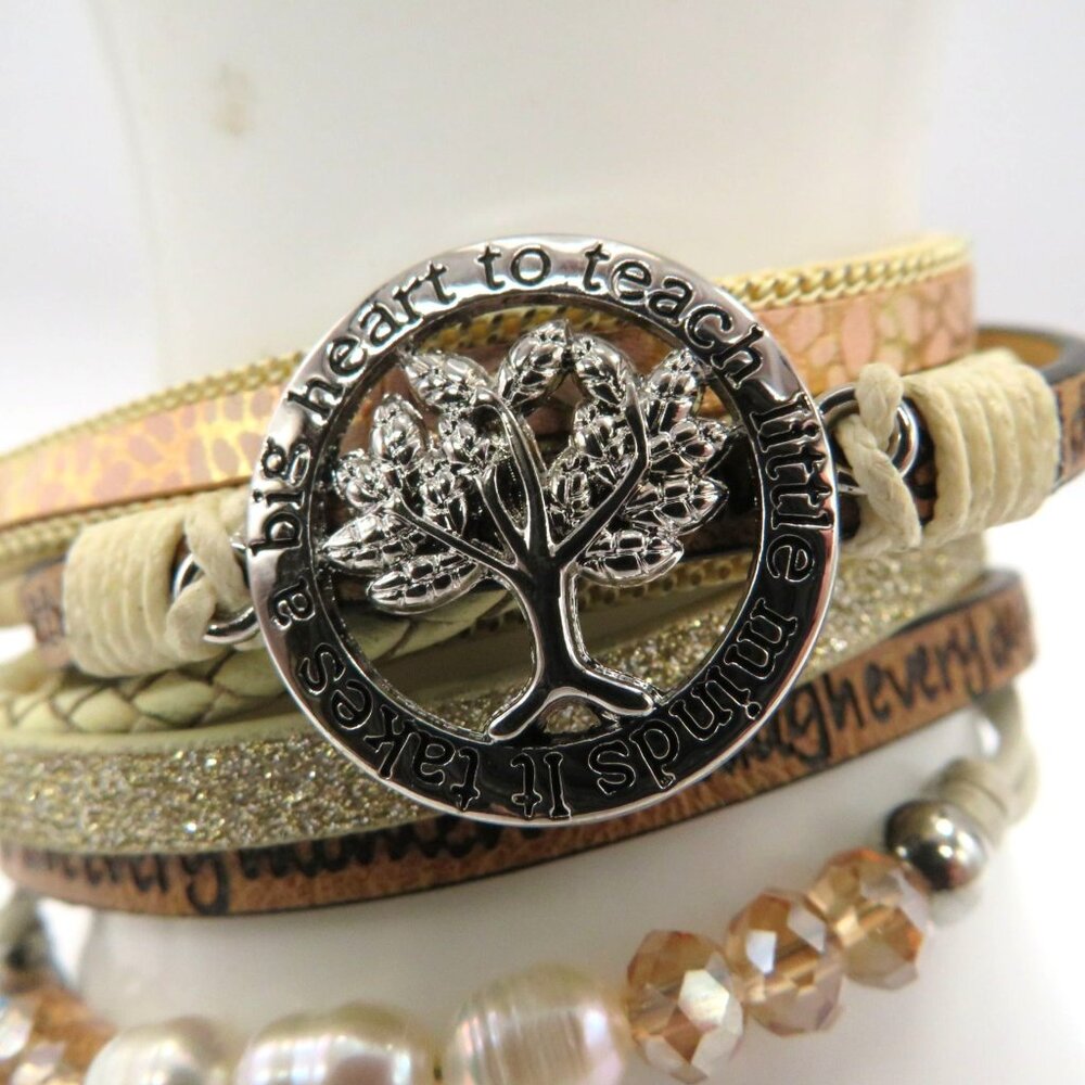 Teacher Bracelet Multi Layered Leather Wrap Beads Inspirational Quote Tree Charm